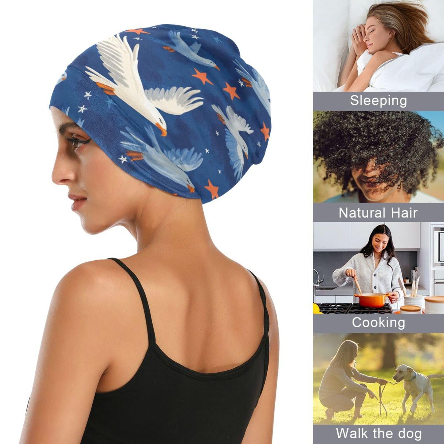 ElliTarr Beanie Hat Satin Bonnet Lined Sleep Cap Hair Wrap Cover Slouchy Beanie for Curly Hair Protection for Gifts for Men Women Cartoon Bald Eagle and Patriotic Stars