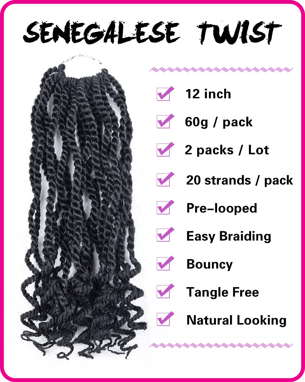 TOZIKA Wavy Senegalese Twist Crochet Hair 12 Inch Crochet Hair for Black Women Pre-twisted Kids Crochet Hair 2 Packs Braids Wavy Ends Synthetic Hair Extension(1B#, 12 Inch）