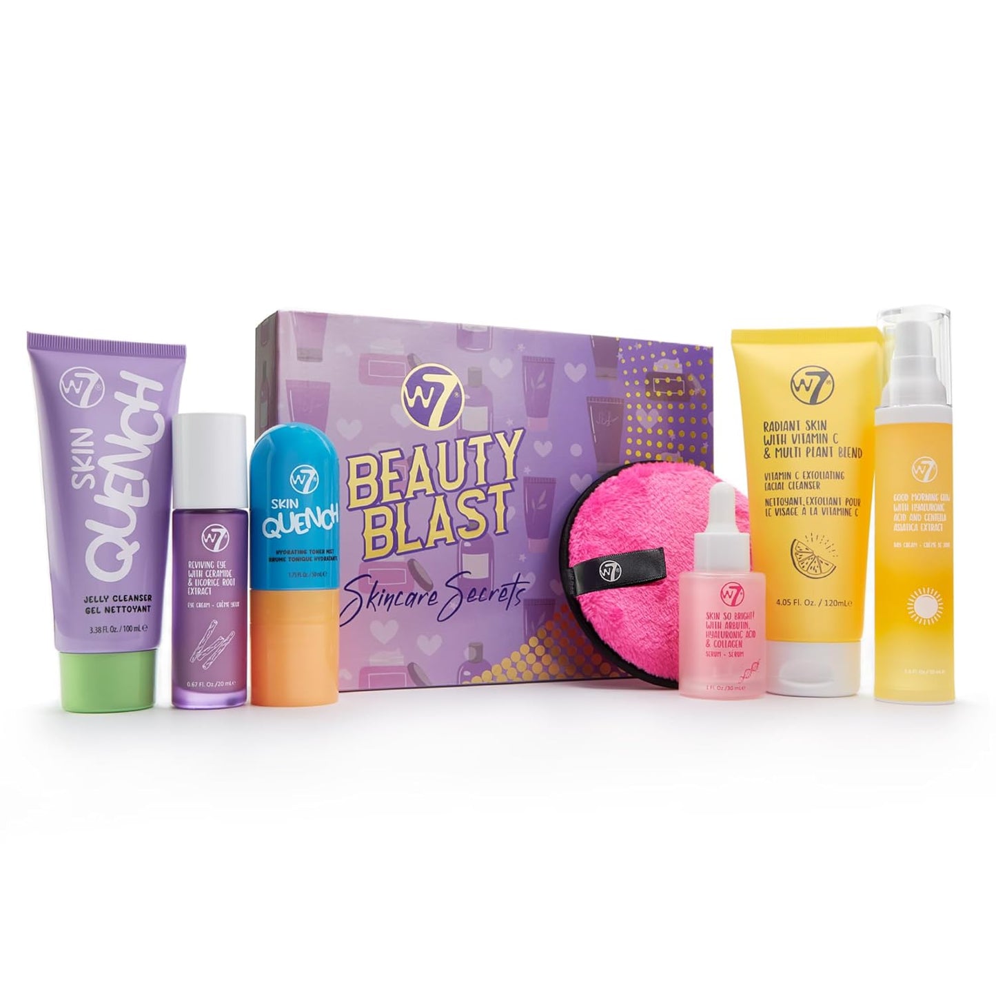 W7 Beauty Blast Skincare Secrets Set - Complete Full-Size Routine with Day Cream, Serum, Cleansers & Eye Cream