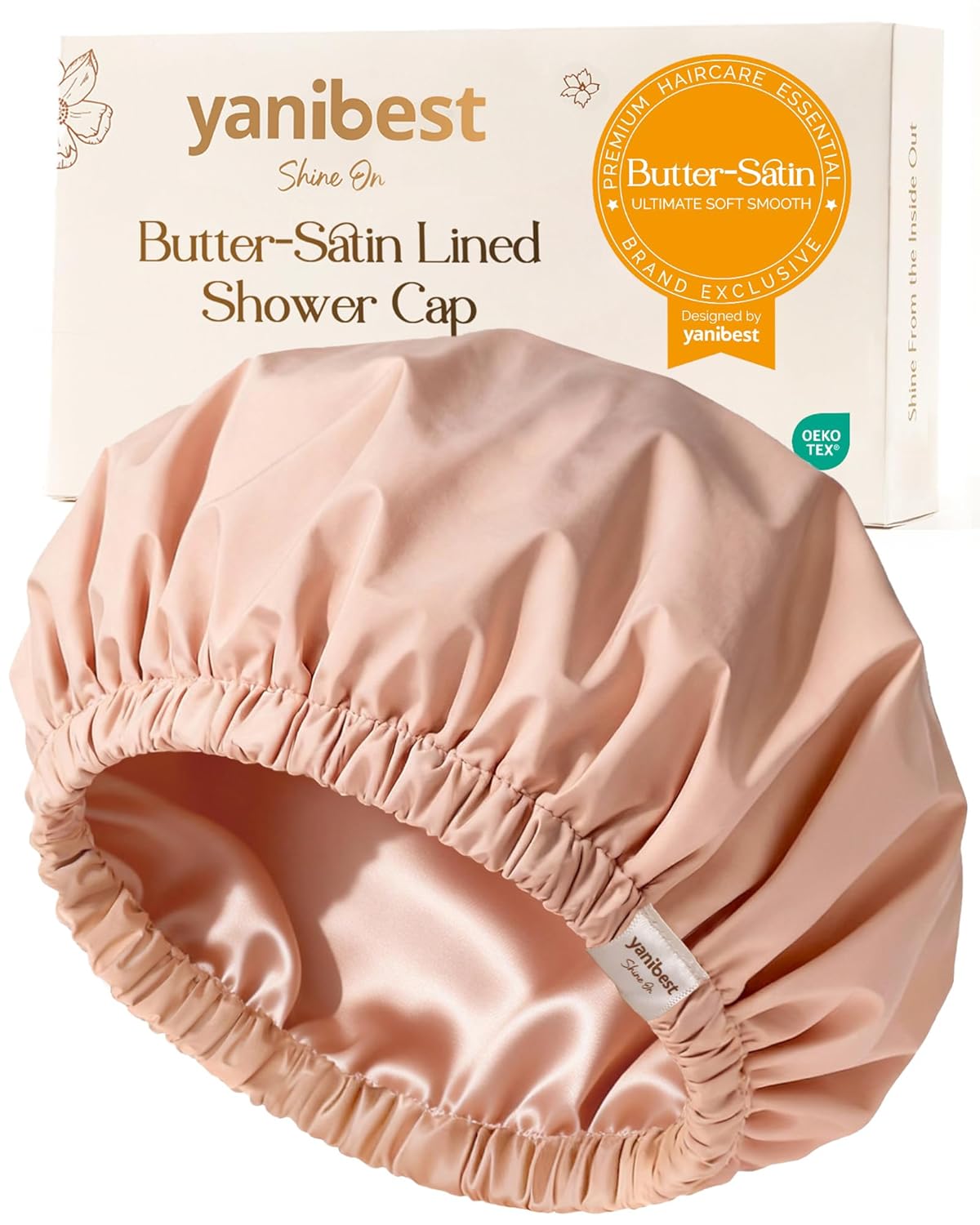Yanibest Satin Lined Shower Cap - Reusable Waterproof Hair Protection Cap for Women | Large Peachy Pink