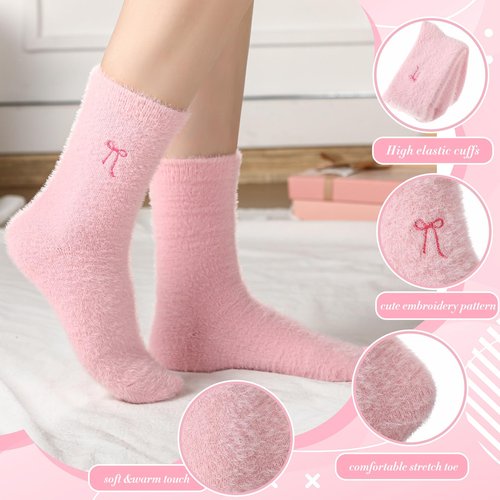 Geyoga 5 Pairs Fuzzy Socks for Women Valentines Day Cozy Gift Soft Spa Slipper Sock Coquette Stuff Fluffy Thick Home Sleeping(Pink,Bow)