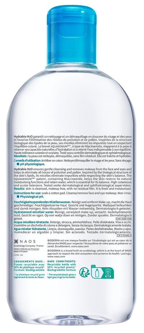 Bioderma - Hydrabio H2O Micellar Water - Gentle Face Cleanser & Makeup Remover for Sensitive Skin