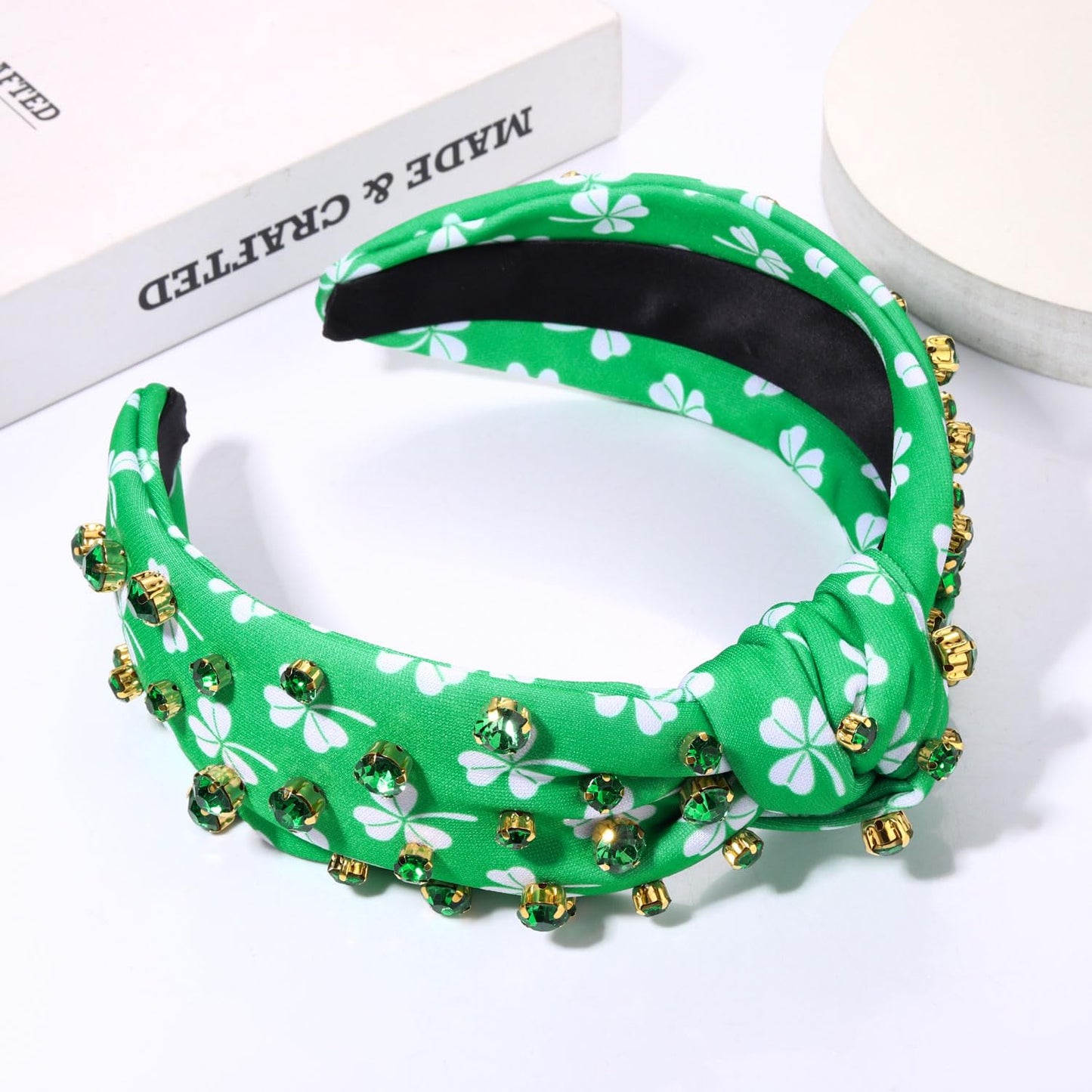 PHALIN St.Patrick's Day Headband for Women Shamrock Knotted Headband Embellished Green Crystal Rhinestone Headband Irish Lucky Leaf Hat St.Patrick's Day Accessories Gifts (Shamrock 1)