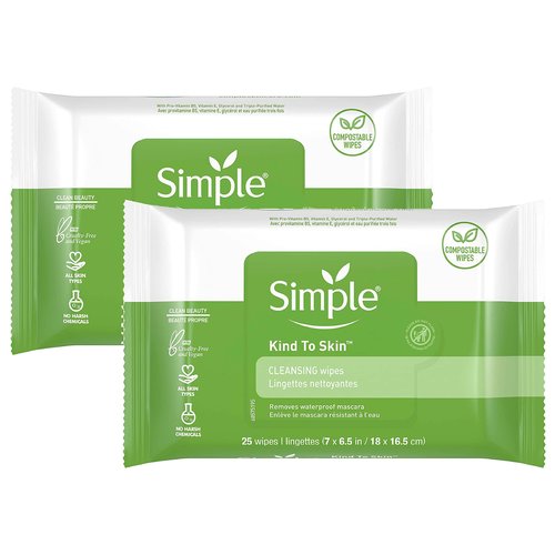 Simple Kind To Skin Cleansing Makeup Remover Wipes - Vegan Facial Cleanser Wipes with Vitamin B5 and E - Removes Waterproof Makeup - 2 pc