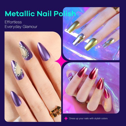 Glamonade Metallic Nail Polish Set Fingernail: Chrome Mirror Holographic Nail Polish Kit Quick Air Dry 12 Colors Pack Regular Mini Nail Polish Finger Toe DIY Art Salon Gift for Women Party