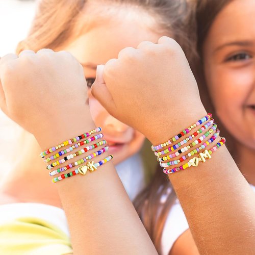 M MOOHAM Colorful Beaded Initial Bracelets - Cute Stretch Heart Jewelry for Girls | 5PCS Set