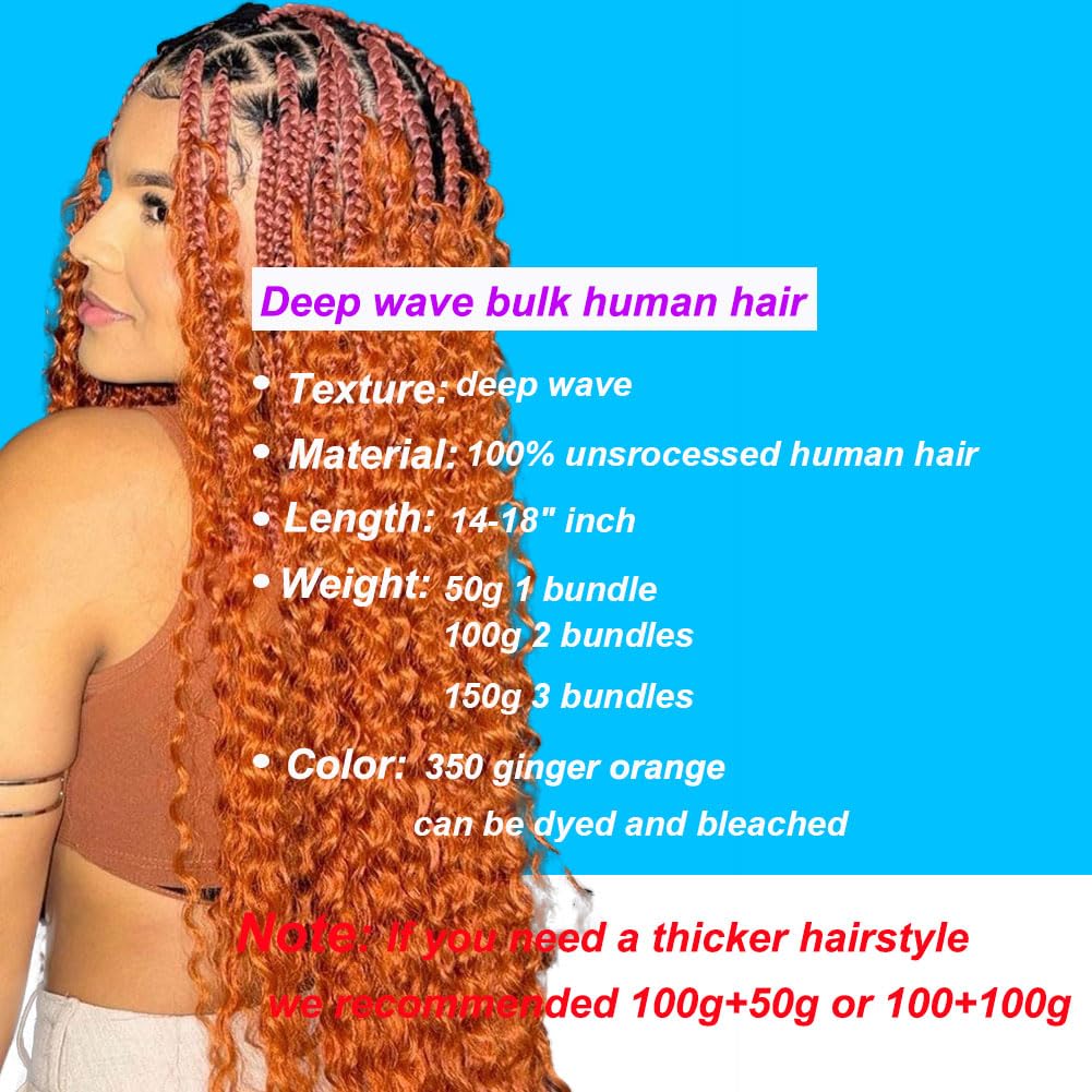 Niviorvan 350 Ginger Orange Human Braiding Hair 18 Inch 1 Bundle 50 g Deep Wave Bulk Human Hair for Braiding No Weft Curly Human Hair Extensions for Boho Braids Wet and Wavy Human Hair Braiding Hair