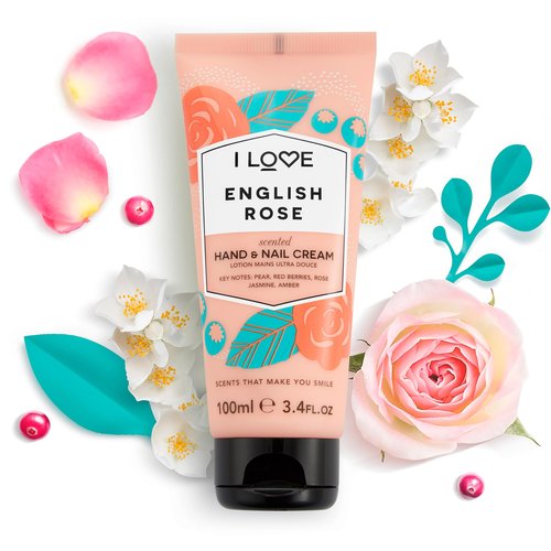 I LOVE English Rose Scented Hand and Nail Cream - Hand Cream for Dry Hands - Vitamin E, Coconut Oil, and Shea Butter - Silicone Free - 3.4 oz