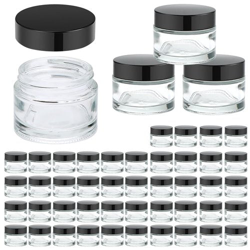 48 Pcs Clear Glass Jars with Black Lids,2 oz Empty Small Glass Jars with Inner Liners,Round Travel Size Sample Containers Mini Jelly Jars for Lotion,Cosmetic,Cream