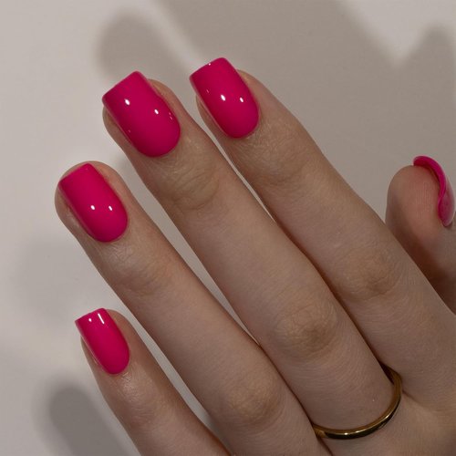 CurvLife Press-On Nails - Short Square Acrylic with Apricot Design | Glossy Nude Full Cover (Bright Pink)