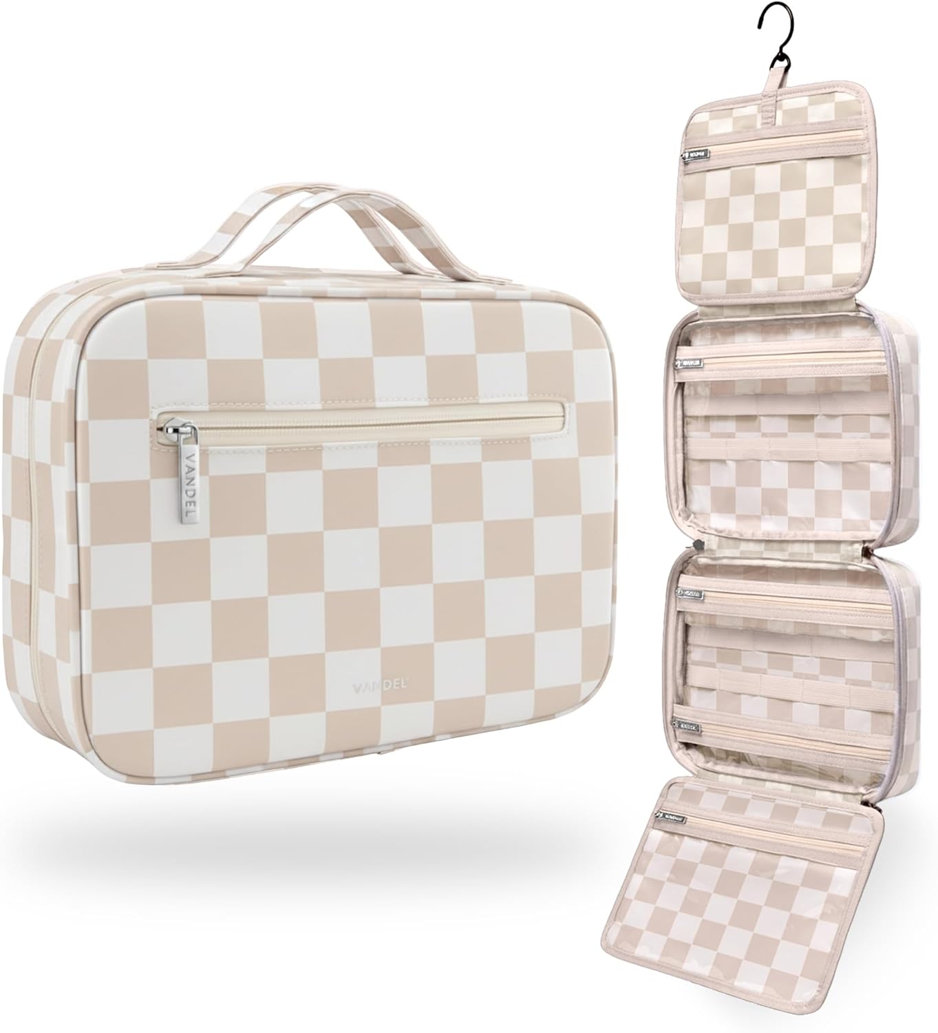 VANDEL Waterproof Hanging Toiletry Bag - TSA-Approved Makeup Organizer for Travel | Neutral Checker Design