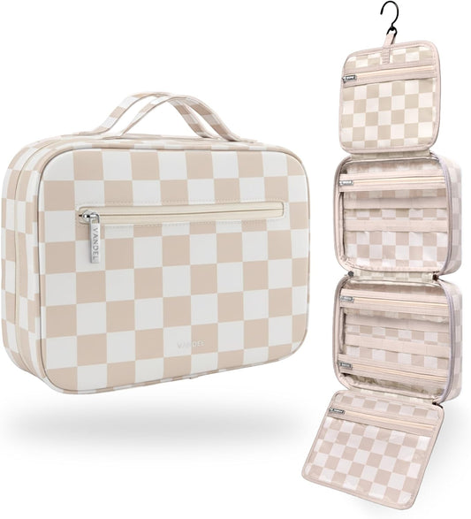 VANDEL Waterproof Hanging Toiletry Bag - TSA-Approved Makeup Organizer for Travel | Neutral Checker Design