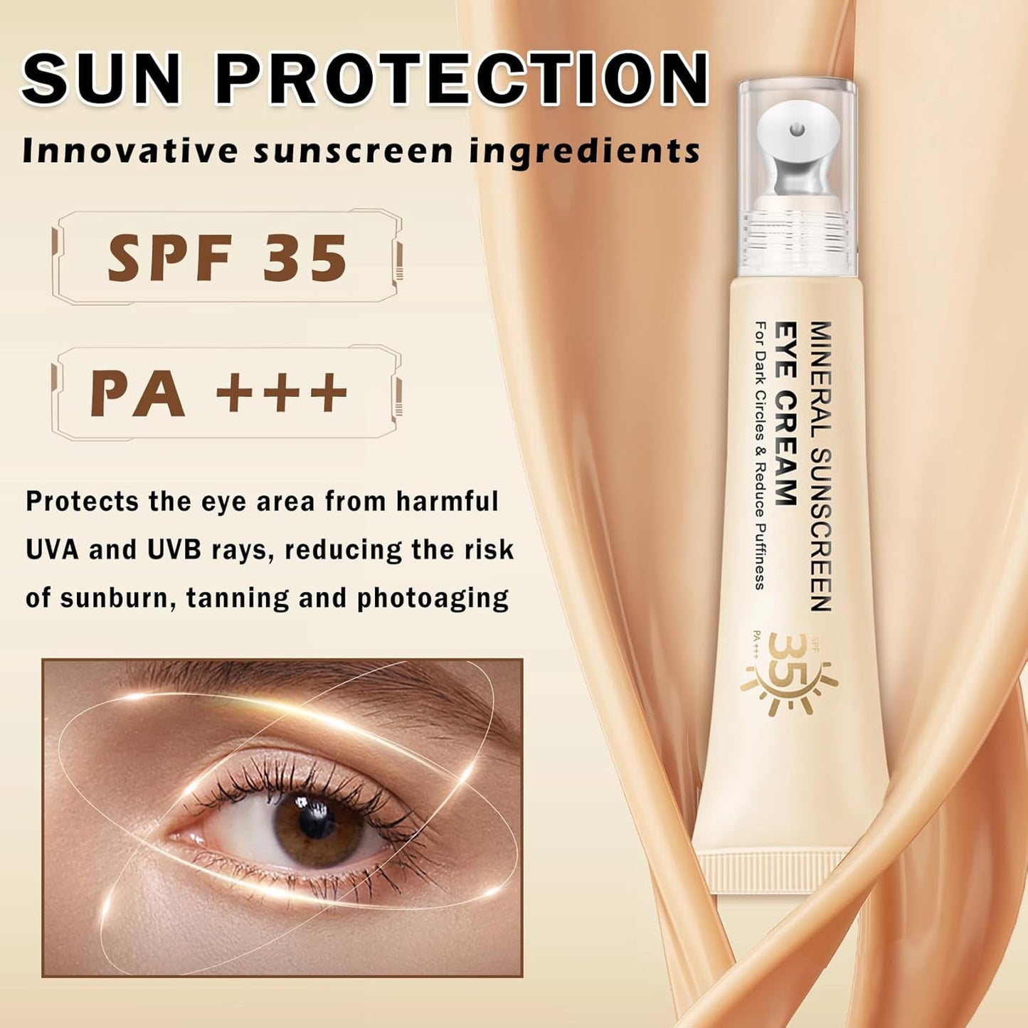 Skiennix Mineral Sunscreen Eye Cream - 3-in-1 Under Eye Treatment for Puffiness, Dark Circles & Wrinkles | SPF 35 (Light)
