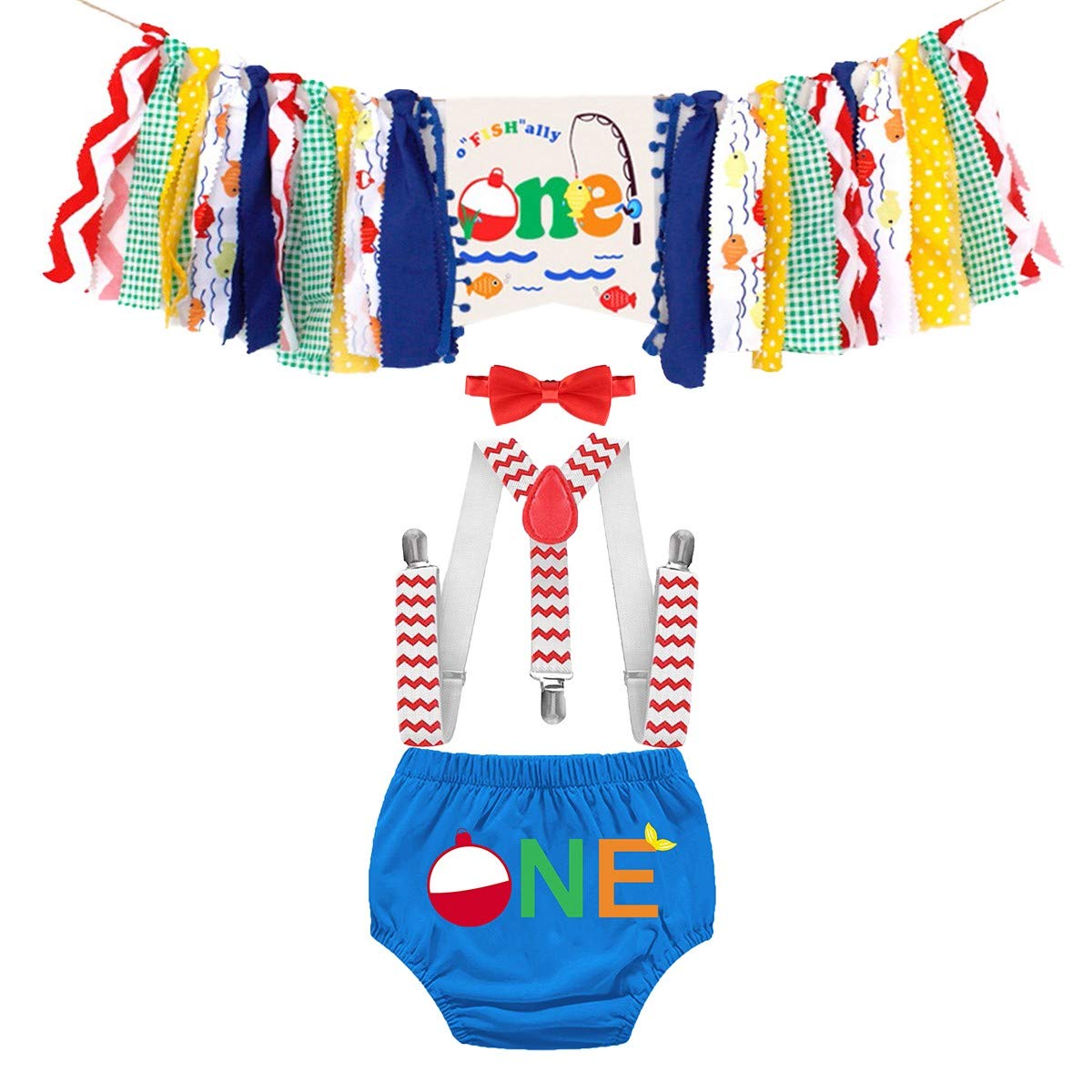 HIHCBF Ofishally One Cake Smash Outfit 1st Birthday Photo Shoot Costume Diaper Cover Bowtie Suspenders Decorations Kit Highchair Banner