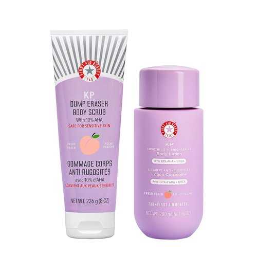 First Aid Beauty Peachy Smooth Duo - KP Bump Eraser Scrub & Brightening Lotion with 10% AHA | 8 oz Scrub, 6.7 oz Lotion