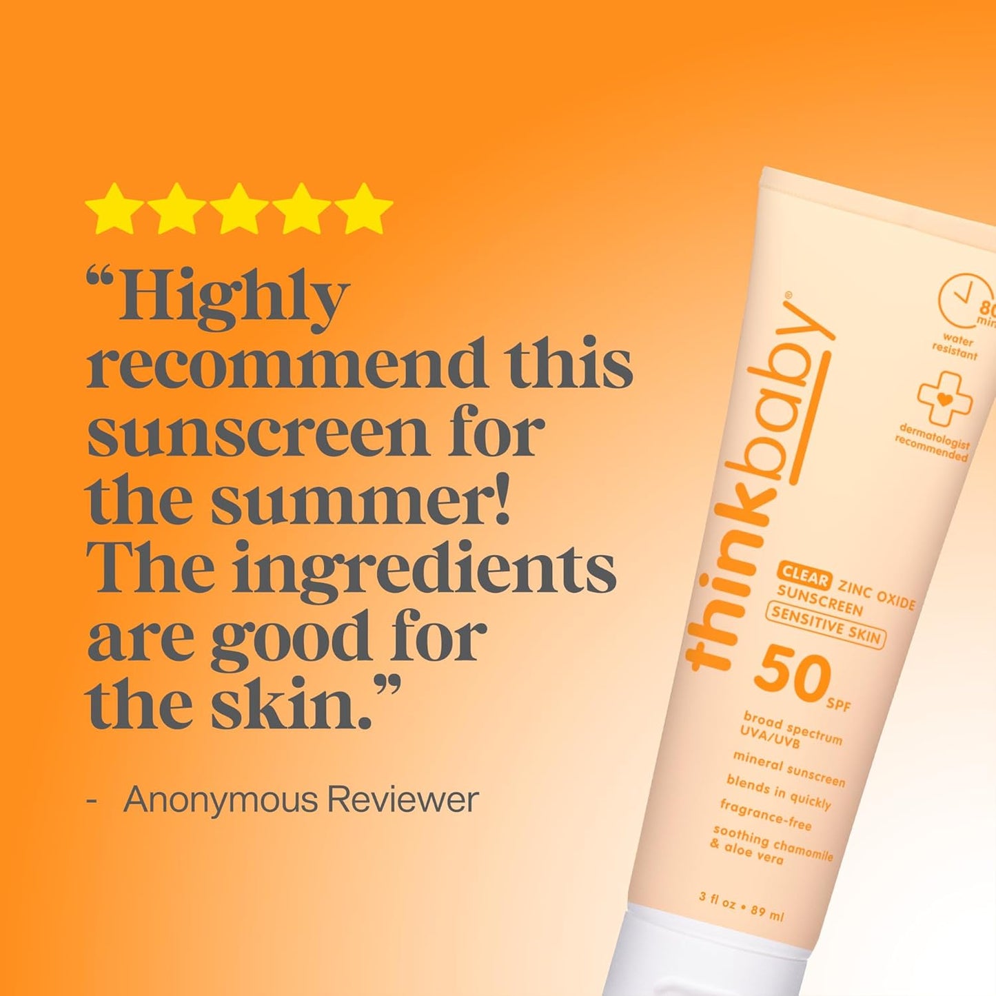 Thinkbaby Baby Sunscreen - SPF 50 Clear Zinc Oxide for Sensitive Skin | 3 Fl Oz, Water Resistant, Reef Safe