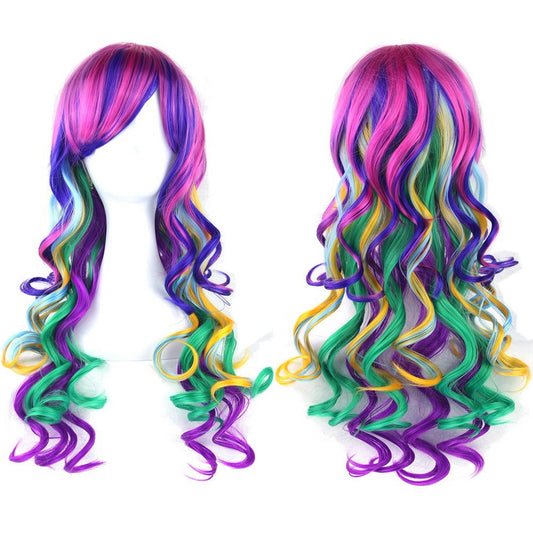 Straightened length 27.6" mixed color Long Curly Wavy Hair Women and Girl Cosplay Party Costume Wig(fuchsia, purple, Light cyan, wine red, green, yellow)