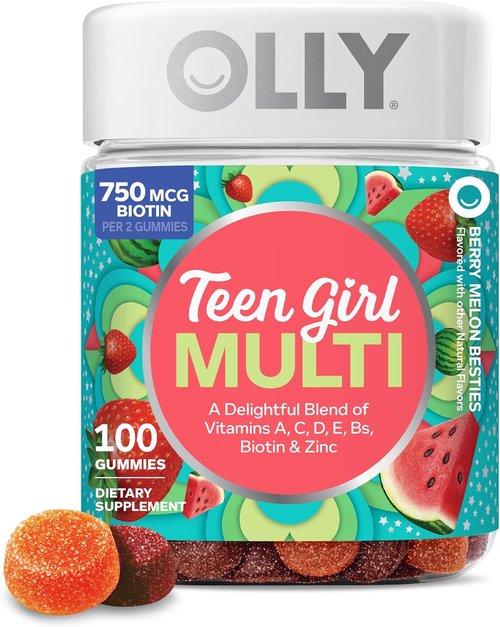 OLLY Teen Girl Multi Gummy - Healthy Skin & Immune Support Chewable Vitamins, Strawberry Melon, 100 Count