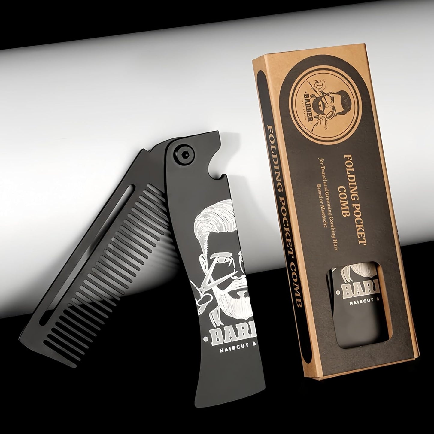 Skiennix Men's Metal Folding Pocket Beard & Mustache Comb - EDC Knife Comb with Bottle Opener | Anti-Static for Stylish Haircuts - Black