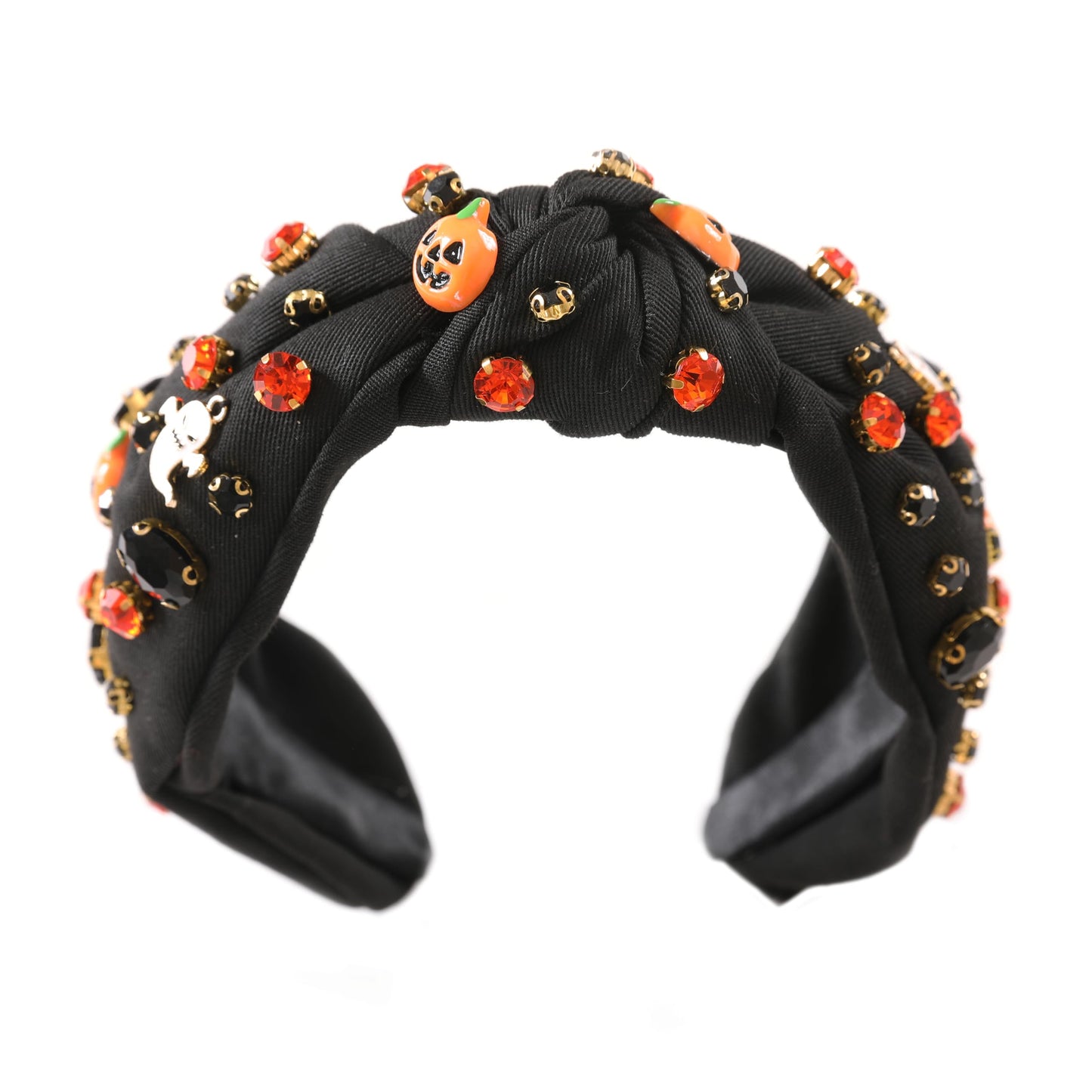 Gmmidea Halloween Jeweled Knotted Headbands for Women Sparkly Crystal Rhinestone Headband Wide Knot Pumpkin Ghost Embellished Hair Band Party Costume Hair Accessories Black