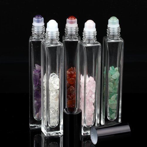 10ml Gemstone Roller Square Bottles Refillable Roll On Bottles Healing Crystal Chips Inside For Perfumes Aromatherapy Oils 5pack…