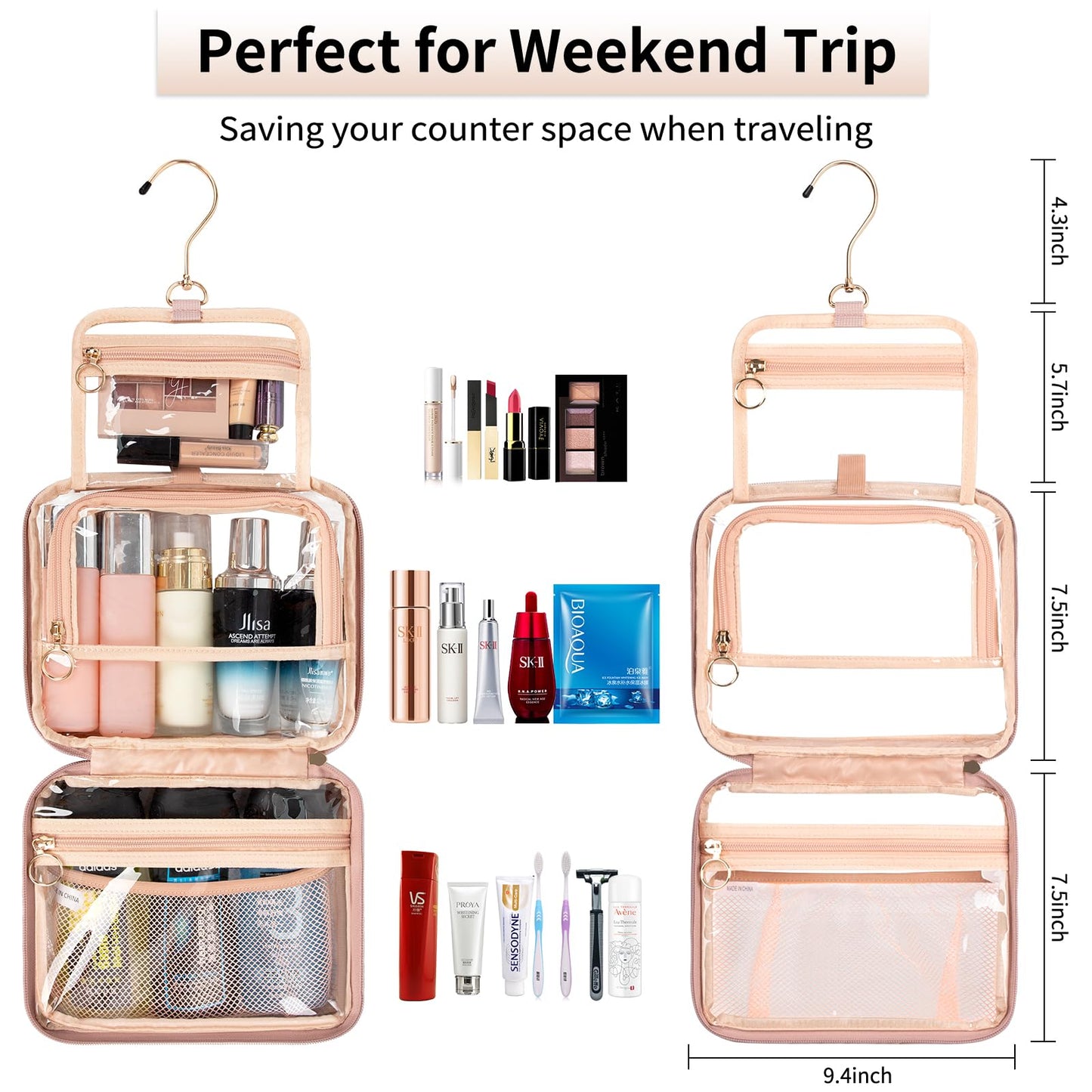 CUBETASTIC Clear Makeup Bag for Women, Transparent Cosmetic Organizer Case for Travelling, Hanging Toiletry Bag for Travel Essentials 3 Comparment Skincare Pouch with Potable Handle