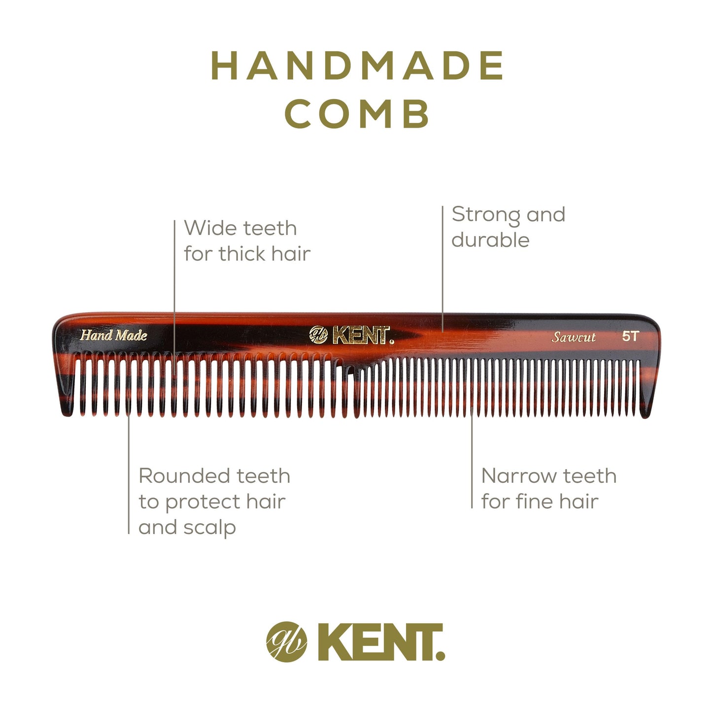 Kent 5T 6.6 Inch Double Tooth Hair Dressing Comb, Wide and Fine Tooth Beard, Mustache and Hair Grooming Comb for Men, Women and Kids - Made in England