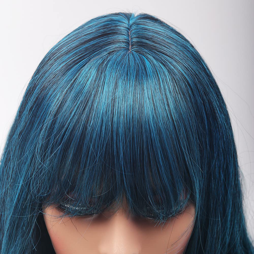 Sharebeauty Synthetic Women Natural Wavy Curly Full Wig with Straight Bangs Ombre Blue