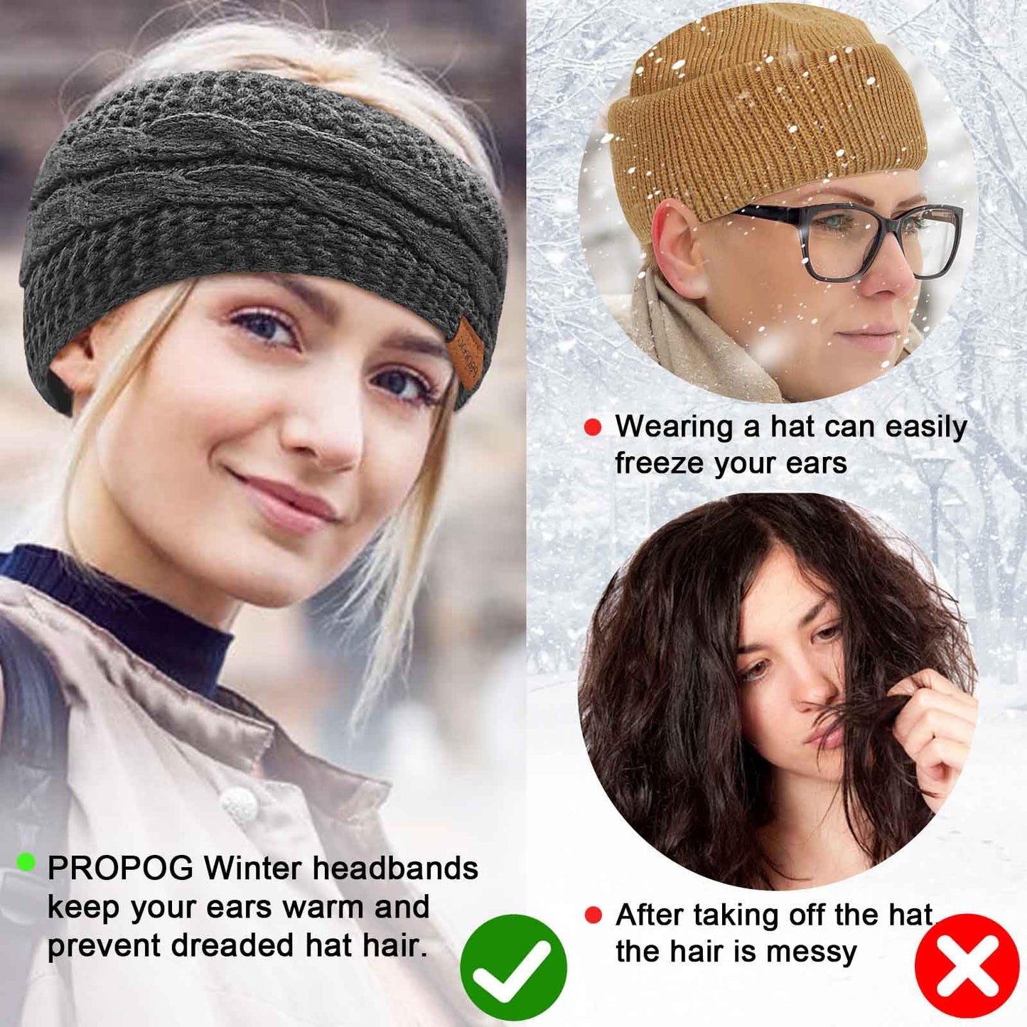 PROPOG Winter Headbands for Women Ear Warmer, Knit Womens Winter Headband Thick Ear Warmers for Women Soft Warm Head Wraps Ear Covers for Cold Weather