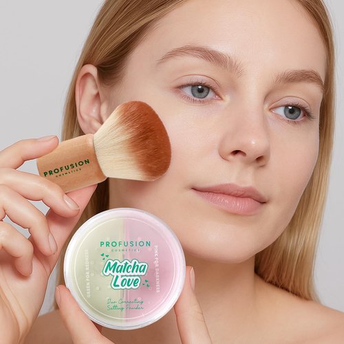Profusion Cosmetics Matcha Love Duo - Weightless 2-in-1 Correcting Setting Powder & Kabuki Brush | Talc-Free, Redness Reducing Makeup
