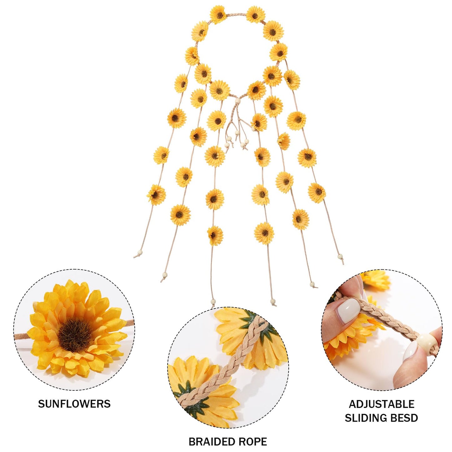 AWAYTR Flower Hippie Floral Crown - Yellow (Adult) - Hairband for Women, Sunflower Headband for Hippie Costume and Hair Accessories, ONE SIZE, HAIRBAND