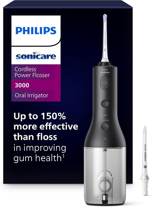 Philips Sonicare Cordless Power Flosser 3000 - Innovative Water Flosser with Quad Stream Technology, 2 Modes & 3 Pressure Levels, IPX7 Waterproof, Black, HX3826/23