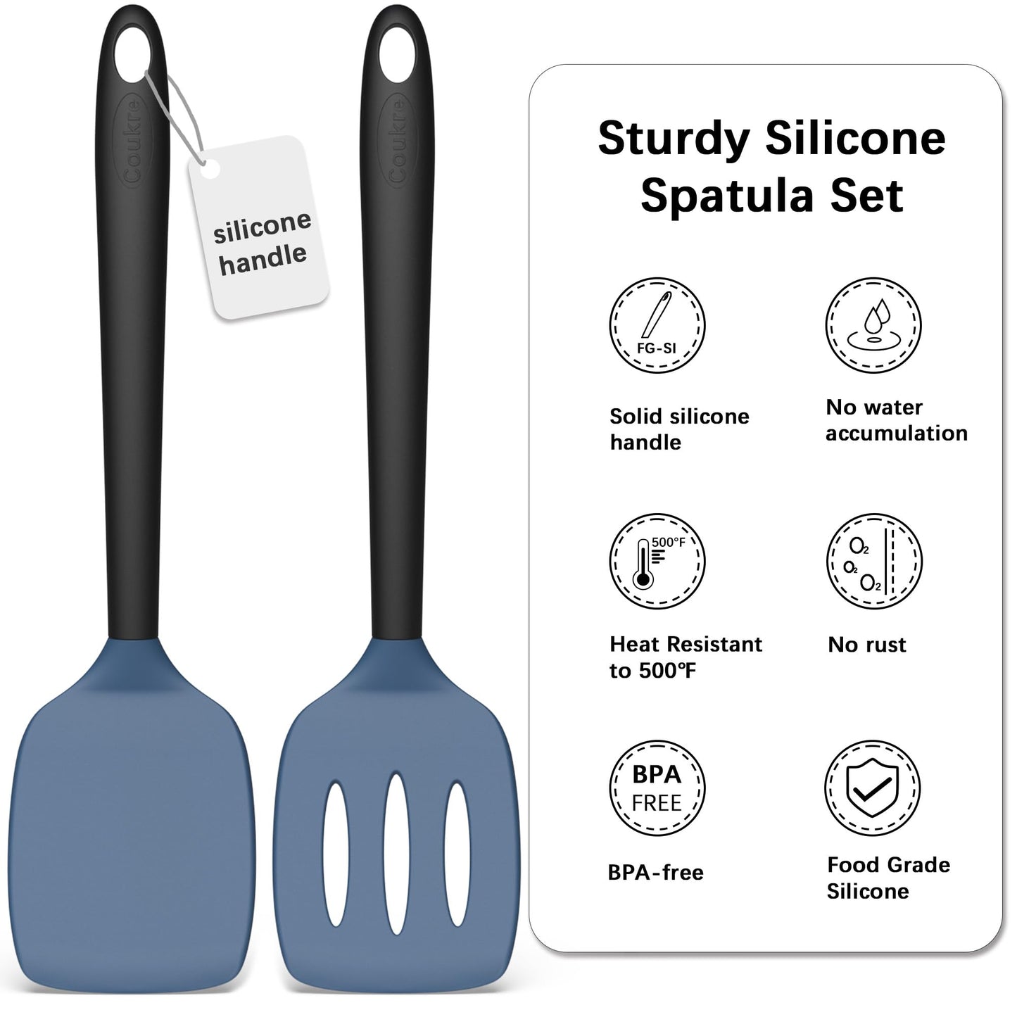 Coukre 2 Pack Silicone Spatula Set, High Heat Resistant, BPA Free Kitchen Spatula, Solid & Slotted Turner for Non-Stick Pans, Sautéing, and Flipping (2, AquaGreen)