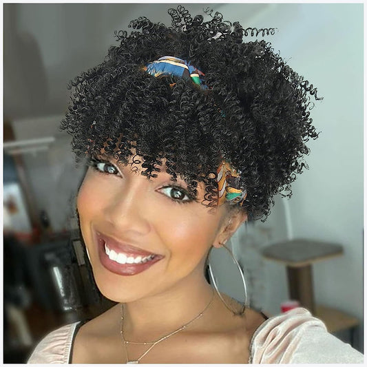 LEOSA Afro Curly Headband Wig with Bangs Short Afro Black Headband Wigs for Black Women Kinky Curly Afro Puff with Bangs Drawstring Ponytail Extension for Black Women