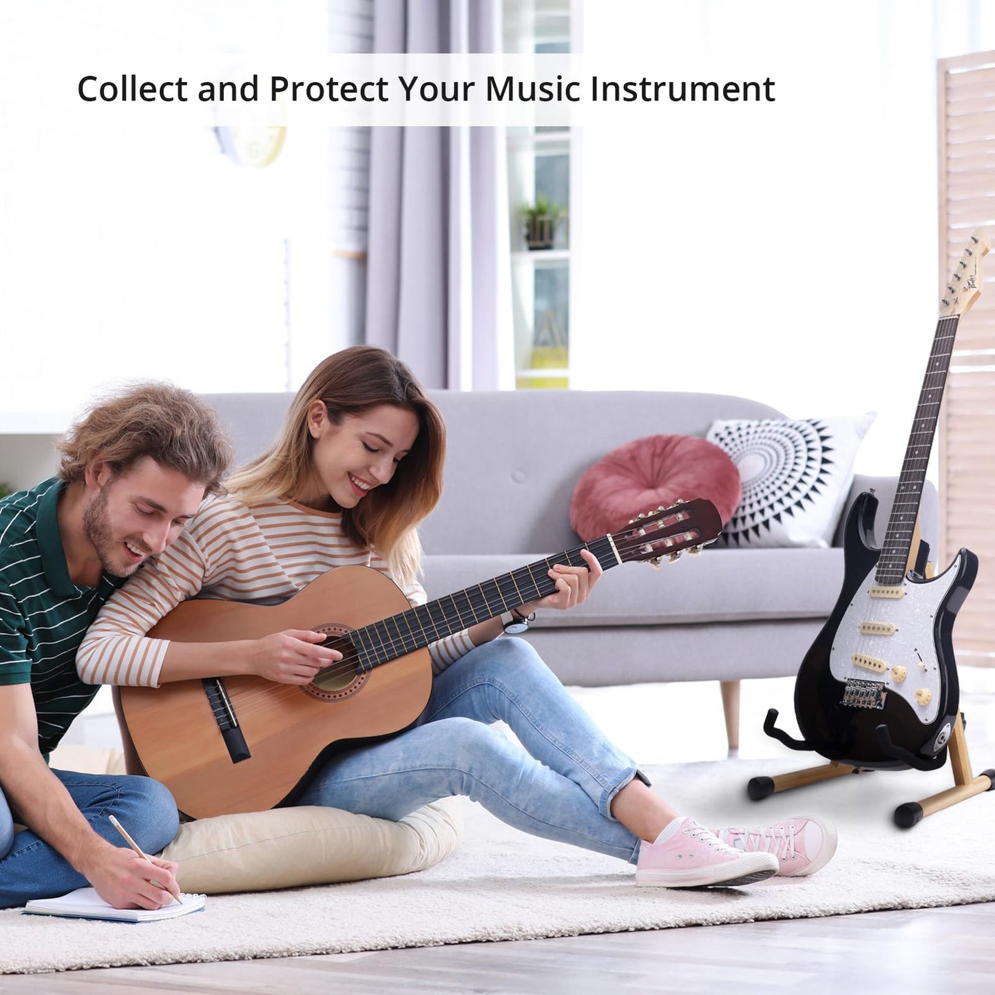 MUSO Guitar Stand,Acoustic Guitar Stand,Wood Classical Electric Guitar Stand,Foldable Bass Guitar Stand,Guitar Accessories also fit Bass,Violin,Ukulele(Acacia)