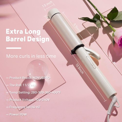 1.5 Inch Extra Large Curling Wand for Long Hair - Ceramic Tourmaline Barrel with 40000000 Negative Ions, 2 Clips & Heat-Resistant Glove