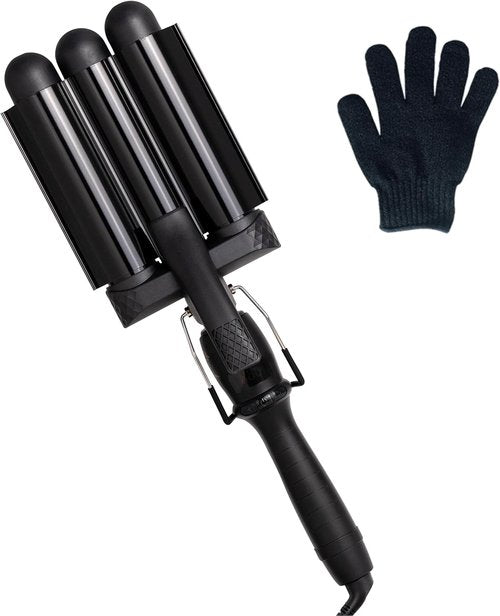 Mermade PRO Hair Waver - 1.25" 3 Barrel Curling Iron for All Hair Types | Ceramic Barrel, Black with Glove