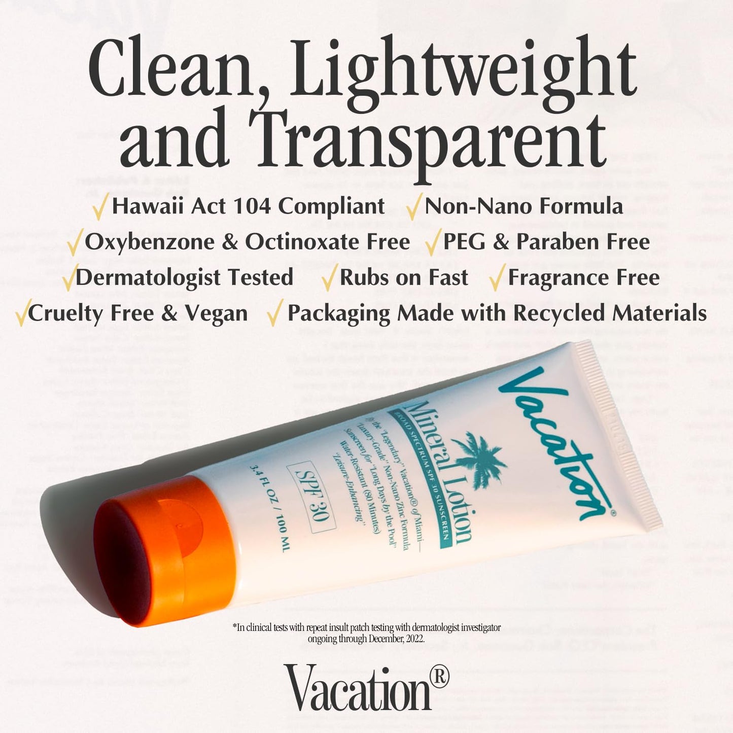 Vacation Mineral Lotion Sunscreen SPF 30 - Non-Nano Zinc Oxide, Water-Resistant, Travel Size 3.4 Fl. Oz.
