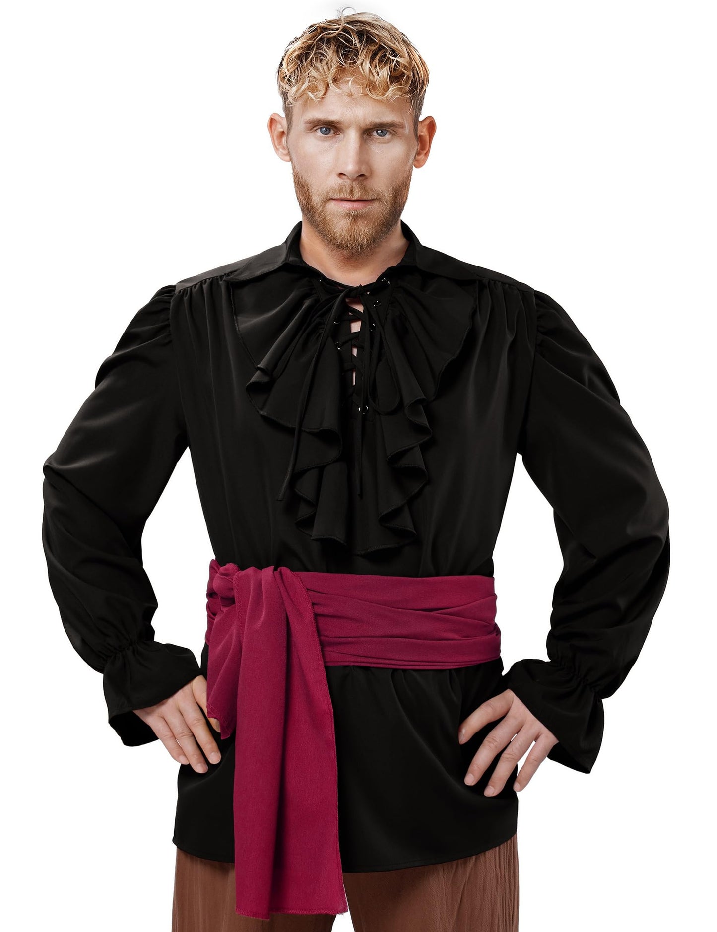 Irtysh Men's Renaissance Victorian Medieval Pirate Shirt Lace Up Colonial Steampunk Costume Tops Waist Belt Set(Black M)