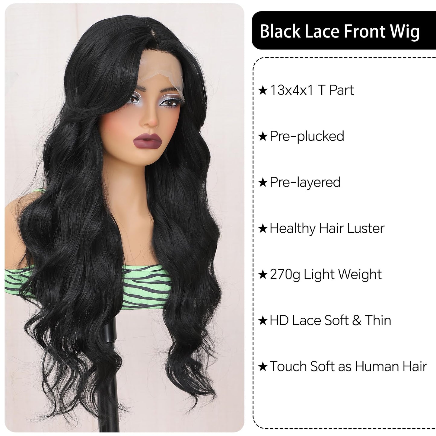 Svolna Lace Front Wig with Bangs Long Wavy Lace Wigs for Women Natural Black Synthetic Middle Part Layered Wavy Front Lace Wigs Fringe 26 Inch (Black)