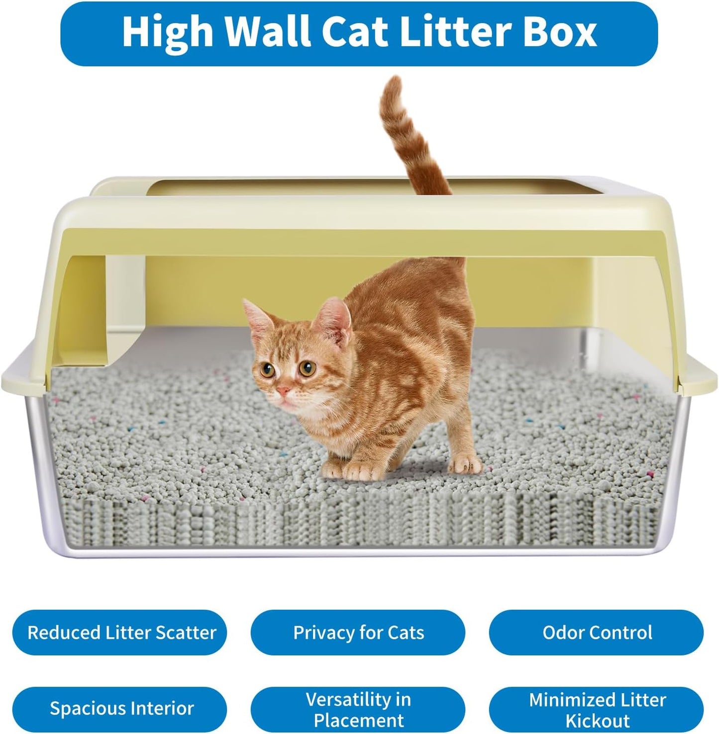 Enclosed Stainless Steel Cat Litter Box with Scroop&High Wall - Extra Large Metal Litter Box Stainless Steel for Big Cats,Non-Sticky, Anti-Leakage (Yellow Old)