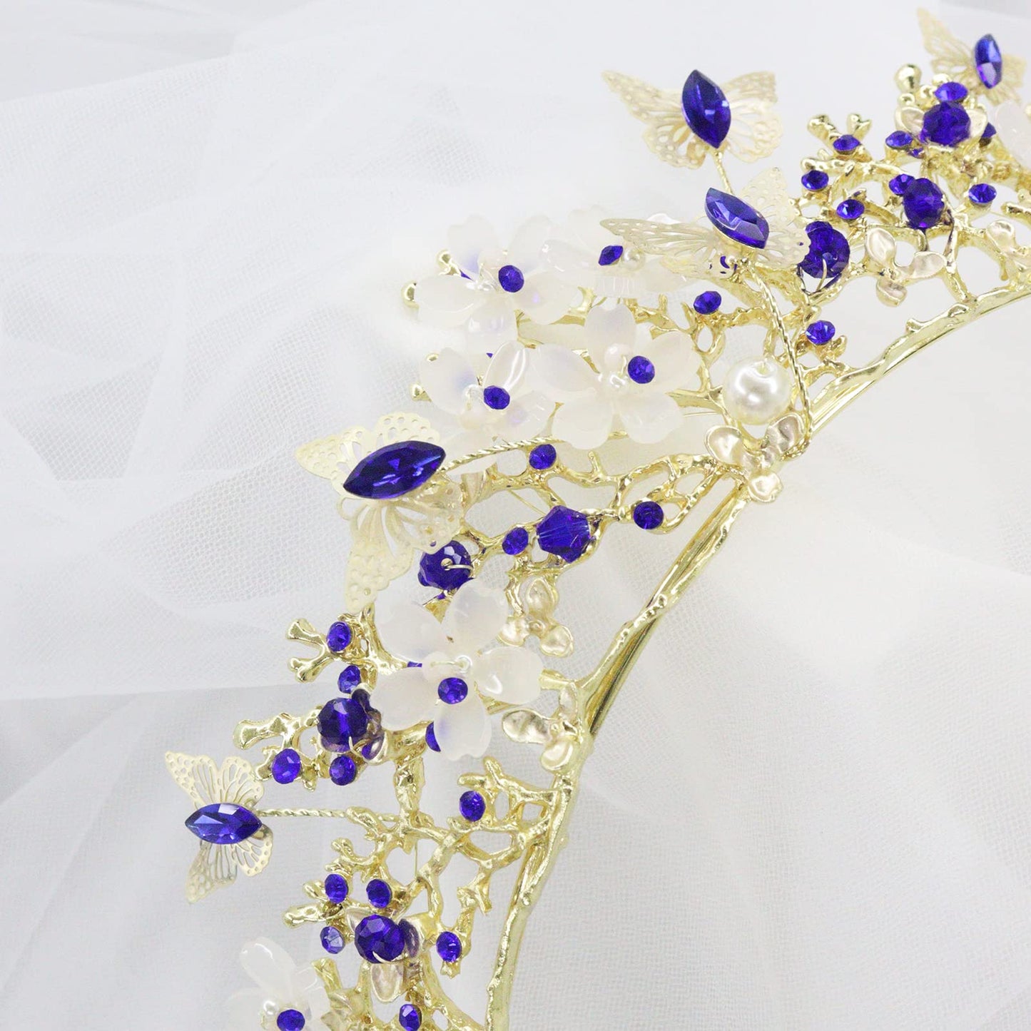 Brihasory Butterfly Queen Birthday Crowns Gold Tiaras for Bride, Crystal Royal Princess Wedding Rhinestone Headband, Costmue Party Christmas Halloween Black Prom Headpiece for Women and Girls (Blue)