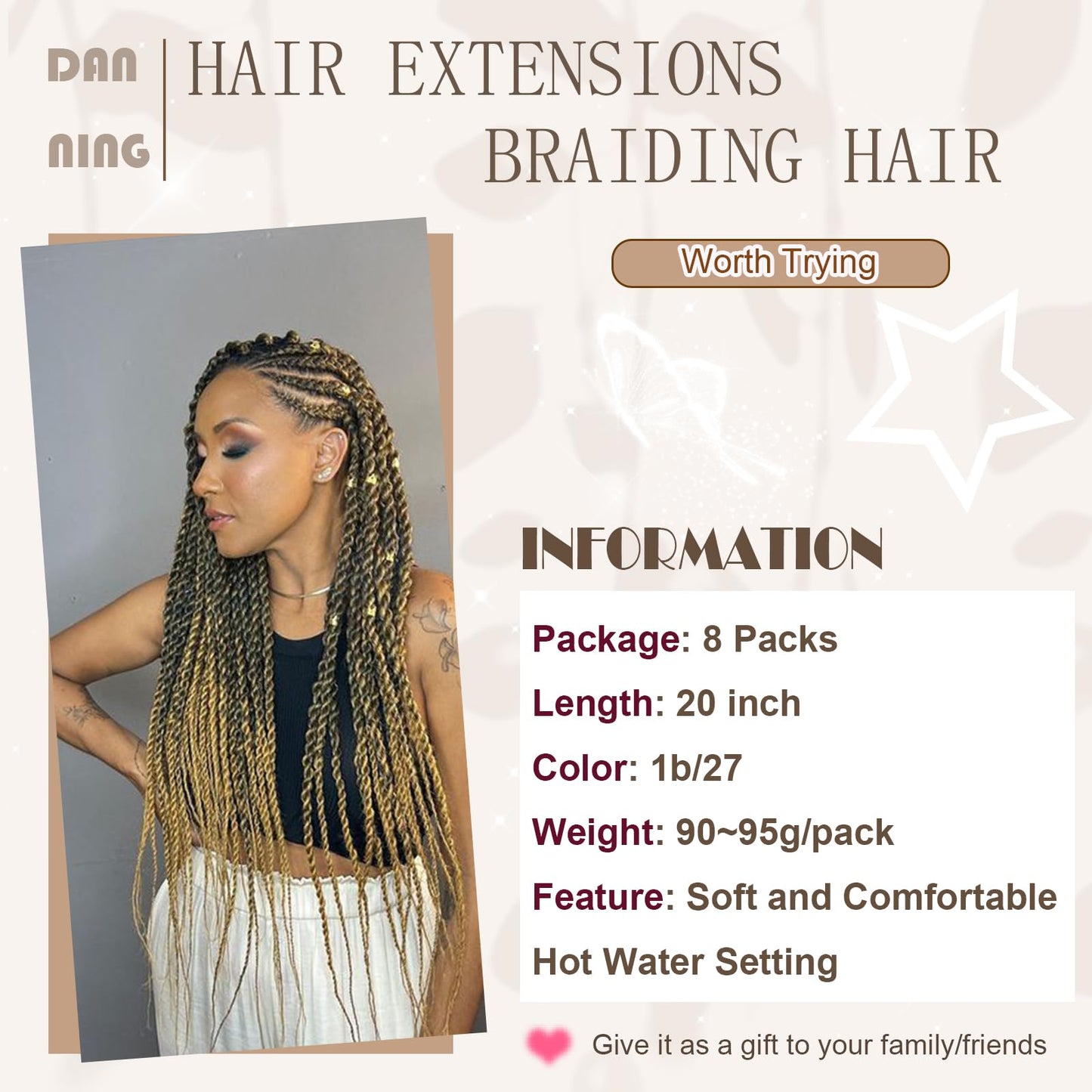 DAN NING Pre-stretched Braiding Hair,Silky Braid Hair Extensions, Itch Free Crochet Twist Hair Braids, Yaki Texture Original Braiding Hair Pre Stretched(20''-8 packs, 1b27)