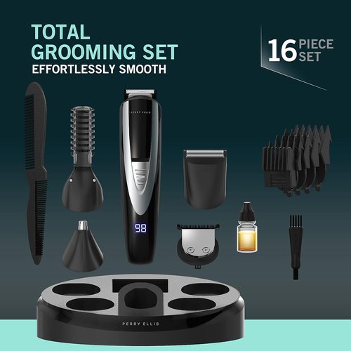 Perry Ellis Men's Grooming Kit - 16-Piece Rechargeable Beard Trimmer & Electric Razor Set | LED Display, 5 Guides