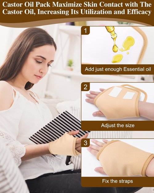Uwbettry 2 Pcs Castor Oil Pack Wrap for Hands, Reusable Organic Cotton Hand Castor Oil Pads, Self Adhesive Adjustable Hand Wraps, Prevent Leakage, Comfort Fit (Khaki)