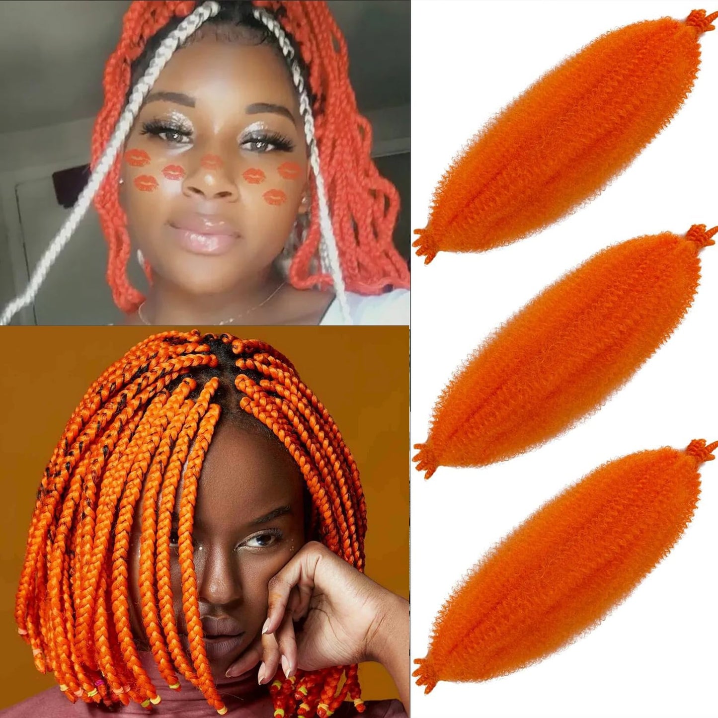 Marley Twist Braiding Hair Orange Springy Afro Twist Hair 16 Inch 3 Packs Pre Fluffed Spring Twist Hair Pre Stretched Wrapping Hair for Soft Locs Hair Extensions for Girl Women