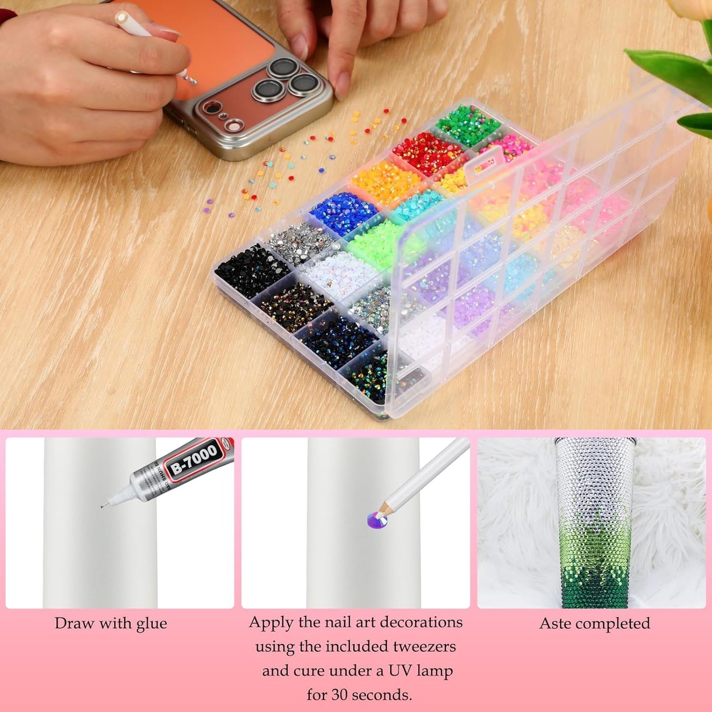 Multicolor High-Gloss Resin Flatback Rhinestones (3mm) with 3Pcs B7000 Jewelry Glue - DIY Bedazzling Kit for Diamond Art, Nail Art & Crafts (32000)