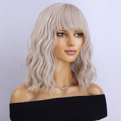 BERON 14 Inches Blonde Wig Short Curly Wig Blonde Wig with Bangs Synthetic Wig Blonde Wigs for Women Girls