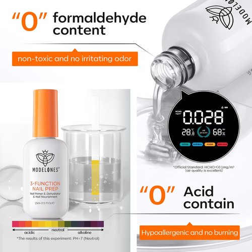 modelones Nail Dehydrator and Primer Base Coat, 3-in-One HEMA-Free Nourishing Prep for Acrylic & Gel Nails, Supports Growth