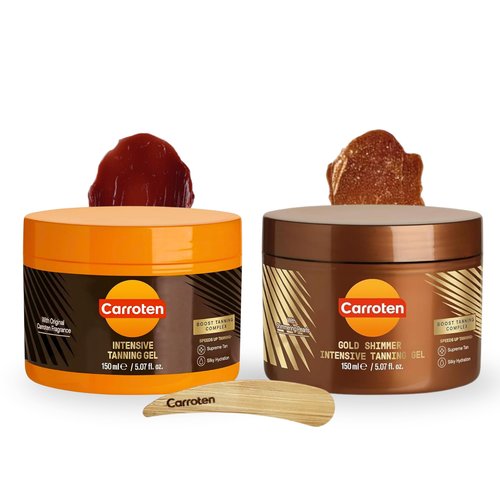 Carroten Intensive + Gold Shimmer Tanning Gel | Browning Tan Accelerators | Non-Greasy, Water-Resistant | Carrot & Coconut Oil | Vitamin A & E For Hydration | 5 oz (Set of 2) + Spatula